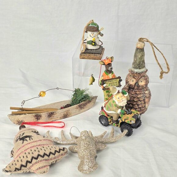 Rustic Cabin Christmas Ornaments Lot Deer Owl Canoe Set - Picture 2 of 8